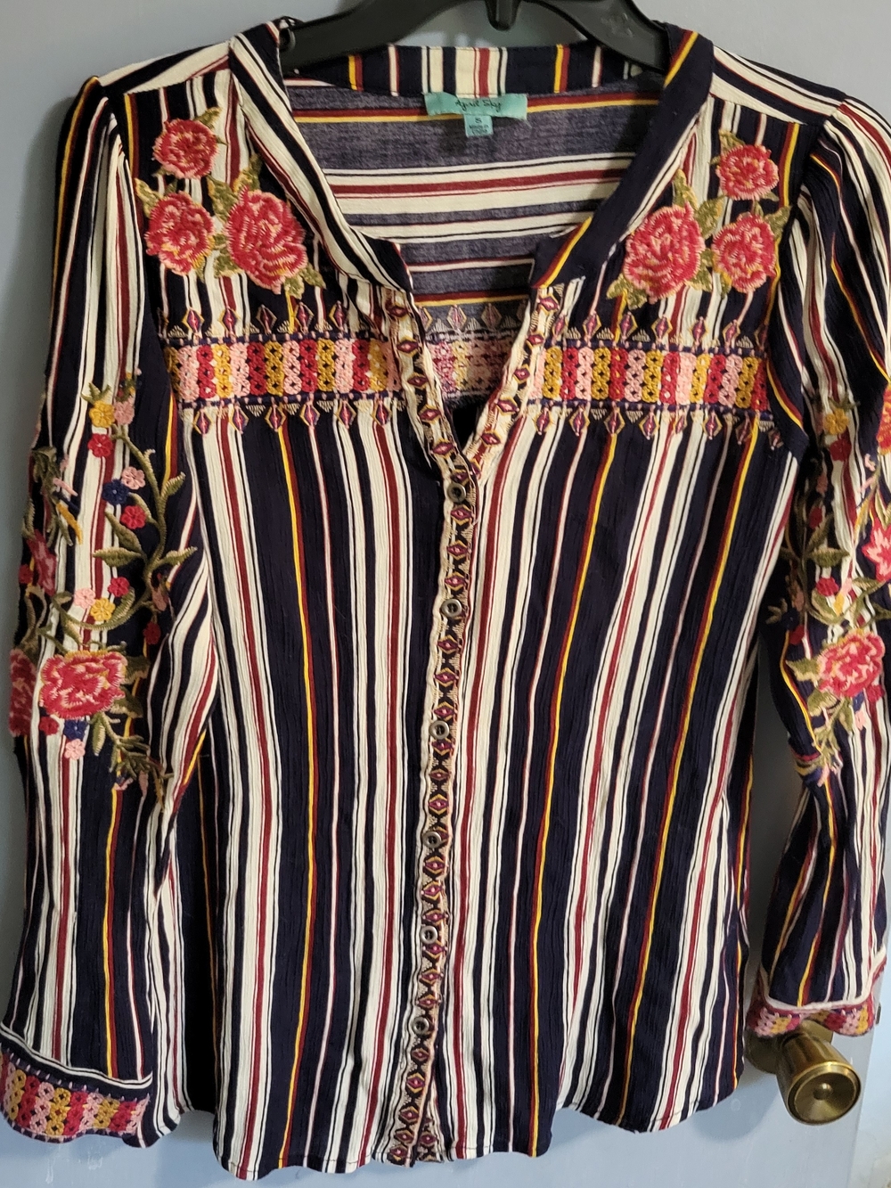 April Sky Embroidered Navy Striped Button-Front Blouse Size Small Pink Floral